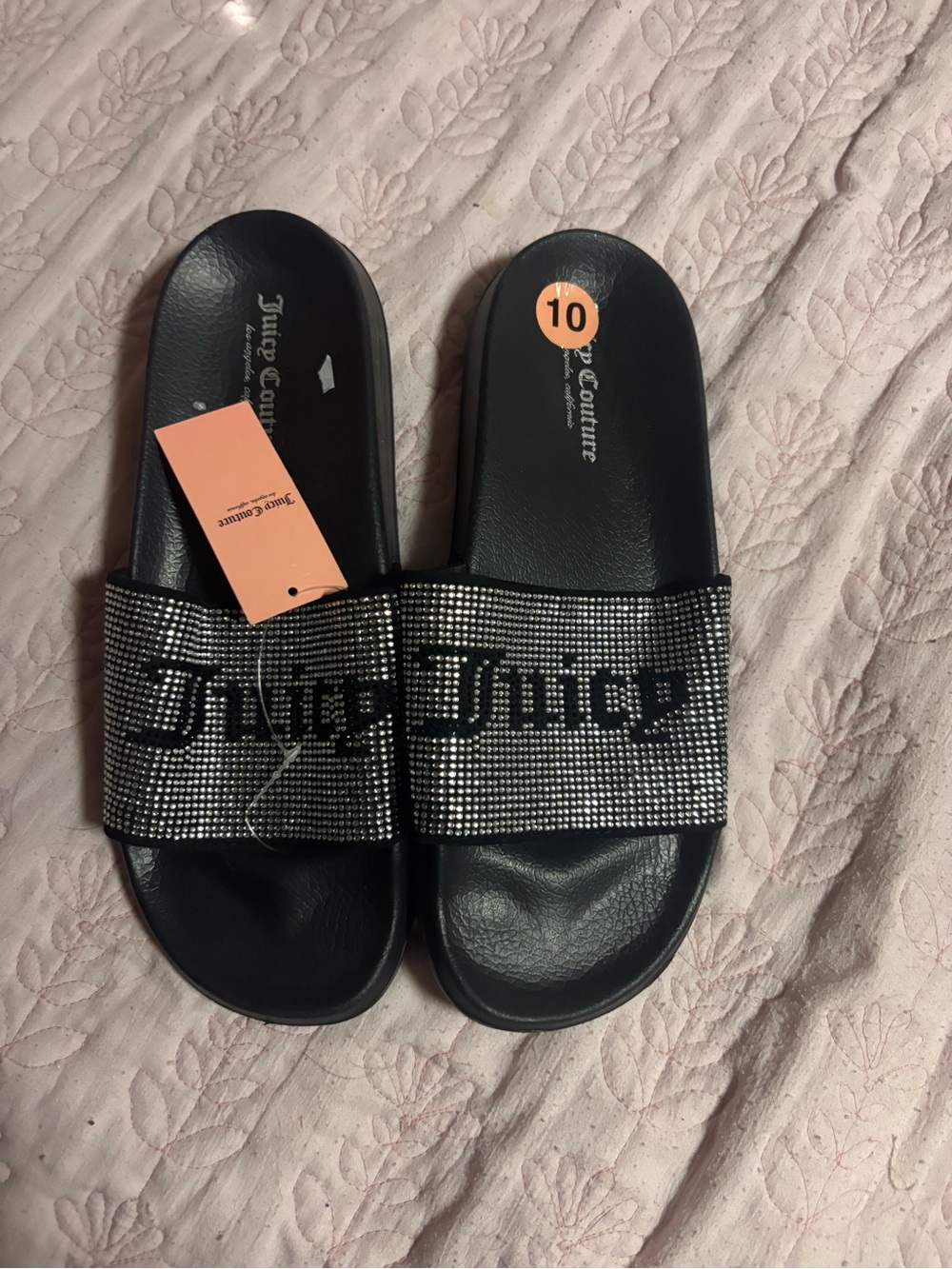 Juicy Couture Black Rhinestone Logo Slide Sandals